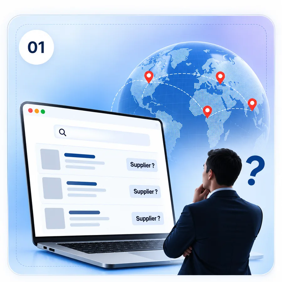 Supplier website that buyers cannot find or trust — a buyer comparing suppliers on a laptop