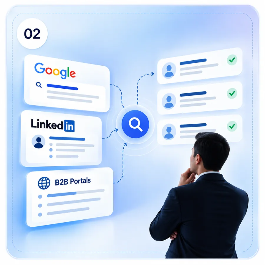 Buyer searching Google, LinkedIn and B2B portals for suppliers
