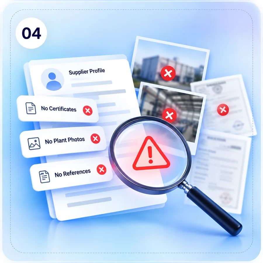 Supplier profile with no certificates, plant photos or references