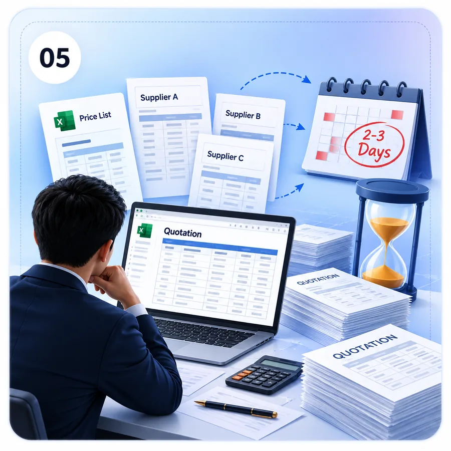 Quotations prepared by hand from price lists, taking 2–3 days