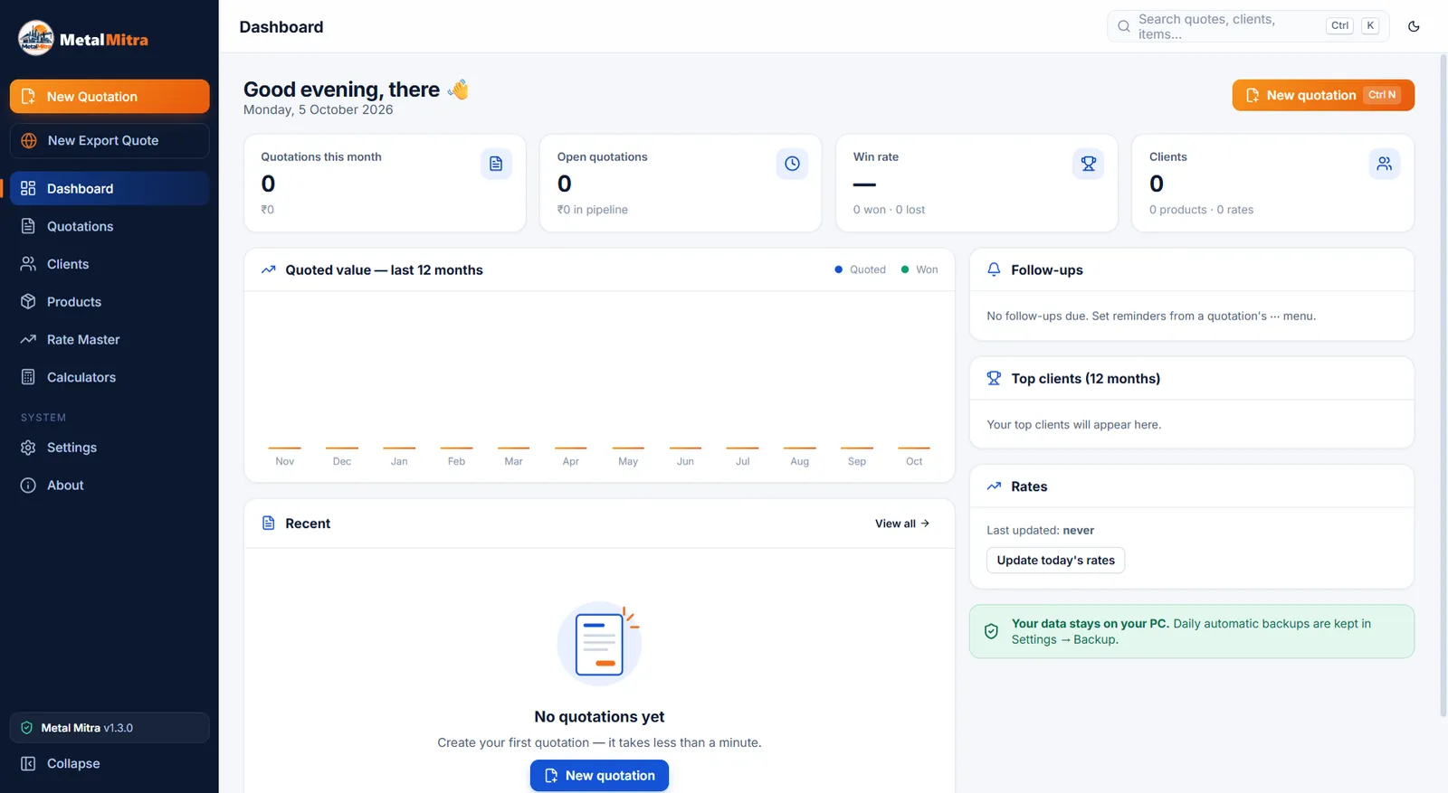 QuoteMitra — Dashboard — quoted value & follow-ups